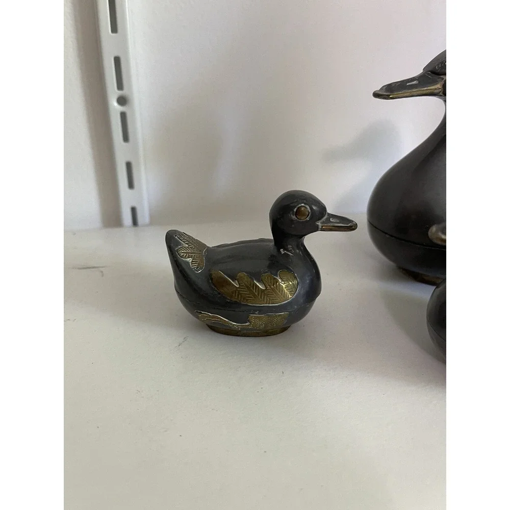 Vintage Solid Pewter and Brass Tin Duck Family Lidded Boxes - Set of 3 Hong Kon